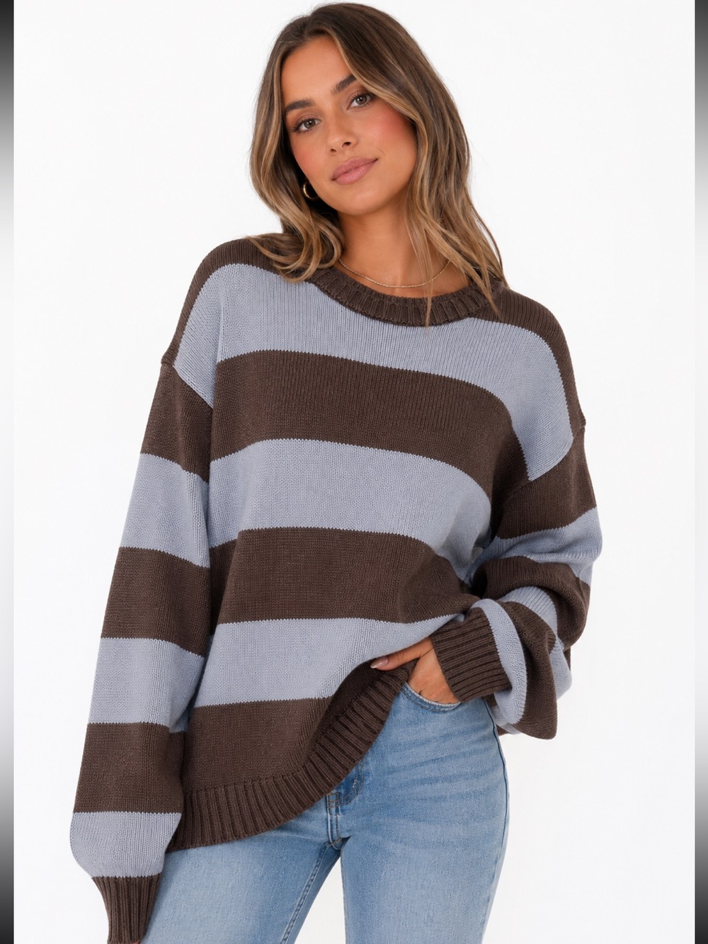 Brandy Melville Brown Blue Striped Oversized Cotton Sweater One Size OS - Picture 2 of 6